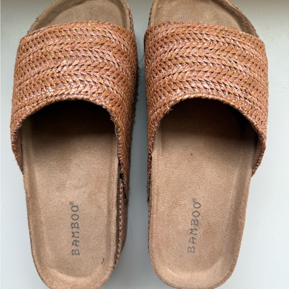 Bamboo Women's Cognac Straw Platform Slide Sandals
